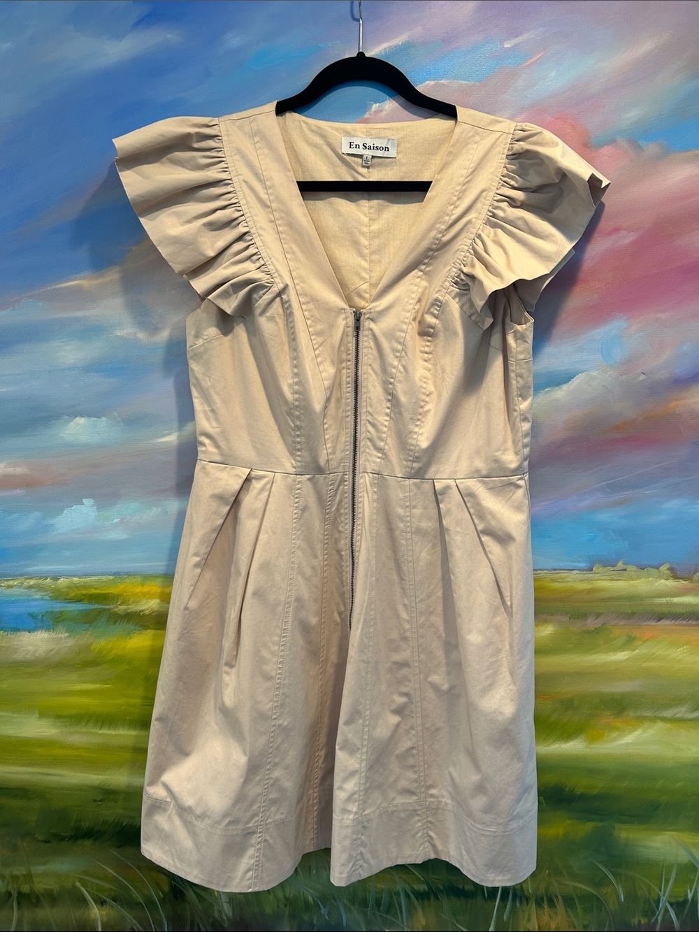 En Saison Cream Zip-Front Ruffle Sleeve Mini Dress